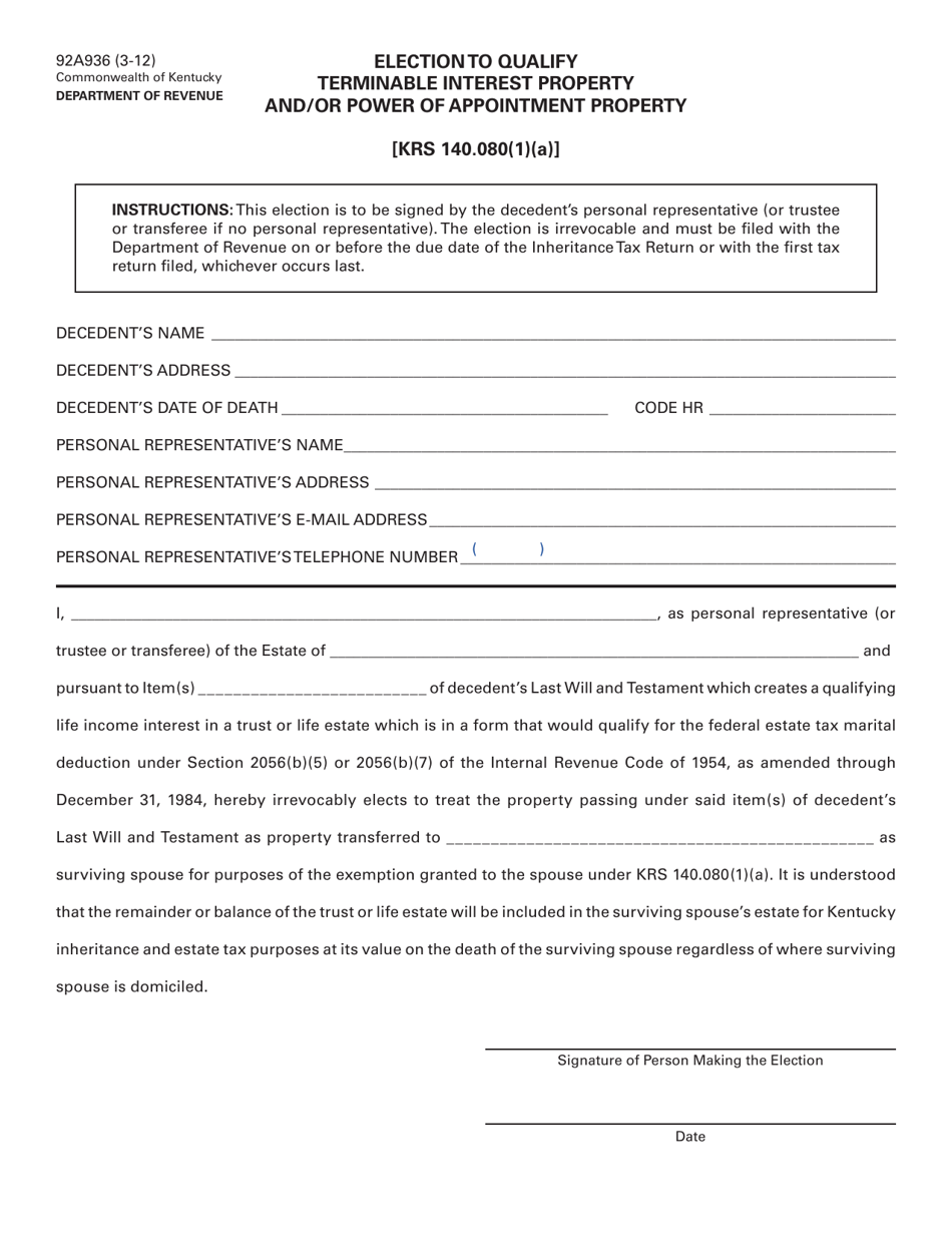 Form 92A936 Election to Qualify Terminable Interest Property and / or Power of Appointment Property - Kentucky, Page 1
