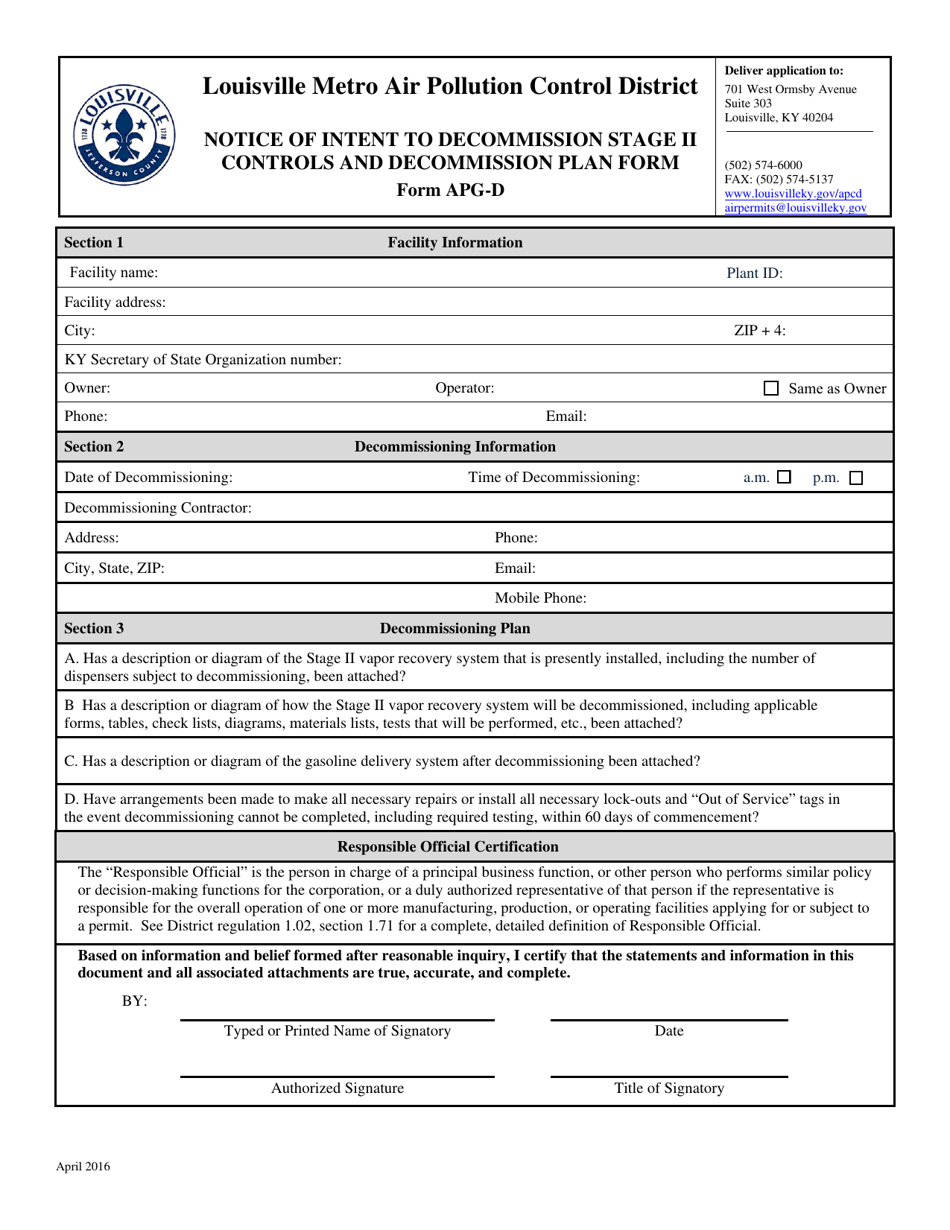 Form APG-D Notice of Intent to Decommission Stage II Controls and Decommission Plan Form - Louisville, Kentucky, Page 1