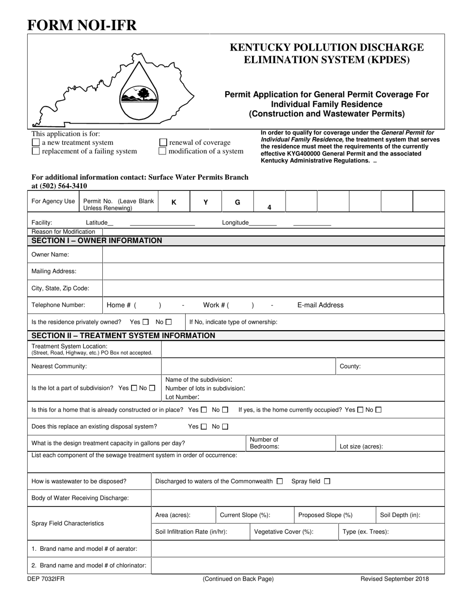 Form NOI-IFR (DEP7032IFR) Permit Application for General Permit Coverage for Individual Family Residence (Construction and Wastewater Permits) - Kentucky, Page 1