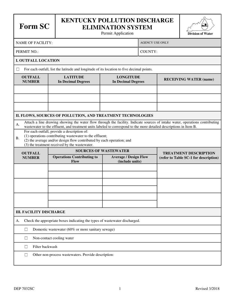 Form SC (DEP7032SC) Kentucky Pollution Discharge Elimination System Permit Application - Kentucky, Page 1