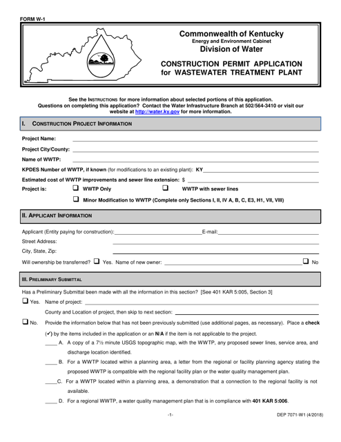 Form W-1 (DEP7071-W1) Construction Permit Application for Wastewater Treatment Plant - Kentucky