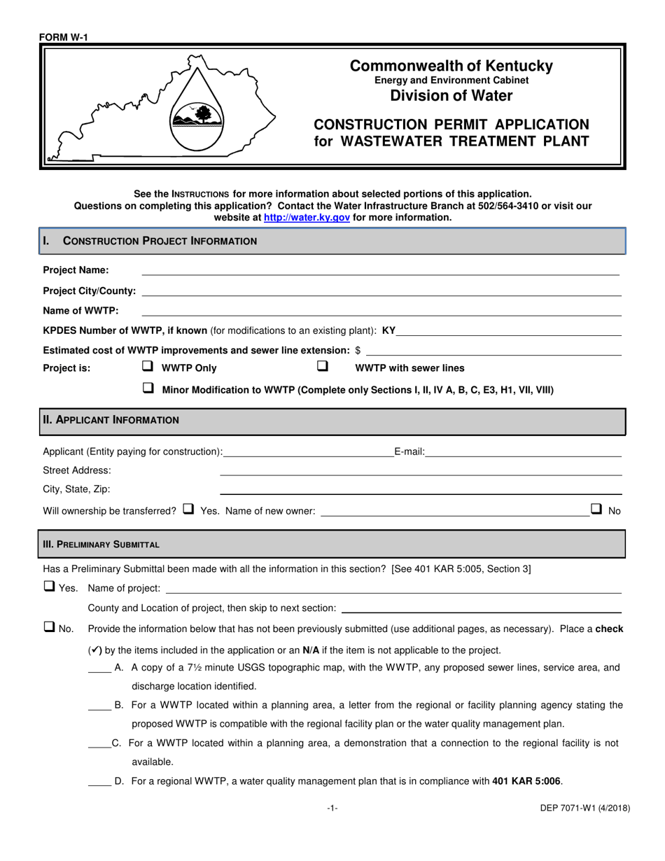 Form W-1 (DEP7071-W1) Construction Permit Application for Wastewater Treatment Plant - Kentucky, Page 1