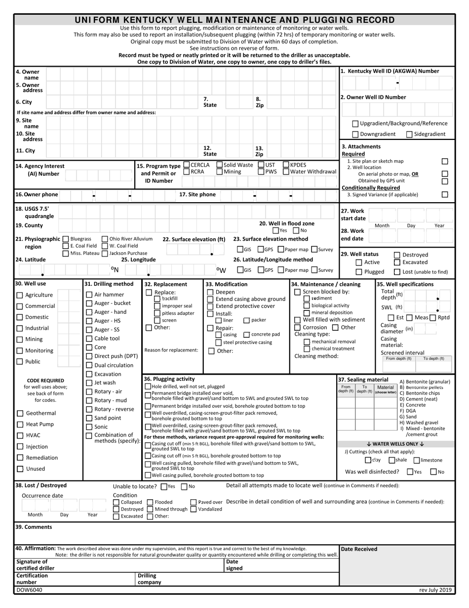Form DOW6040 Uniform Kentucky Well Maintenance and Plugging Record - Kentucky, Page 1