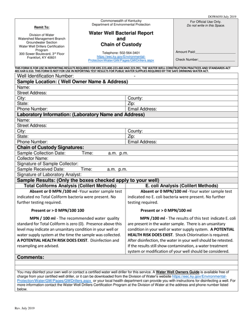 Form DOW6050 Water Well Bacterial Report and Chain of Custody - Kentucky
