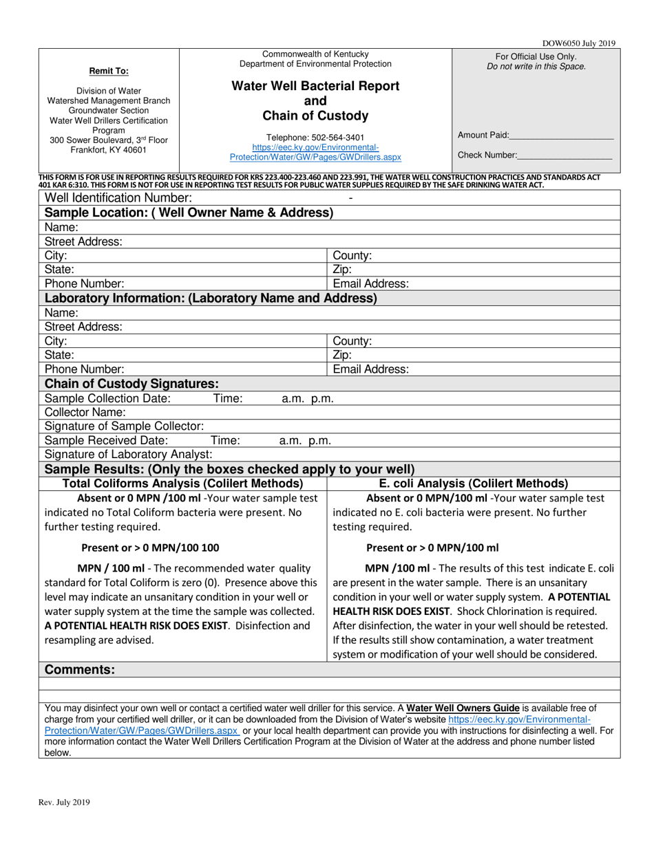Form DOW6050 Water Well Bacterial Report and Chain of Custody - Kentucky, Page 1