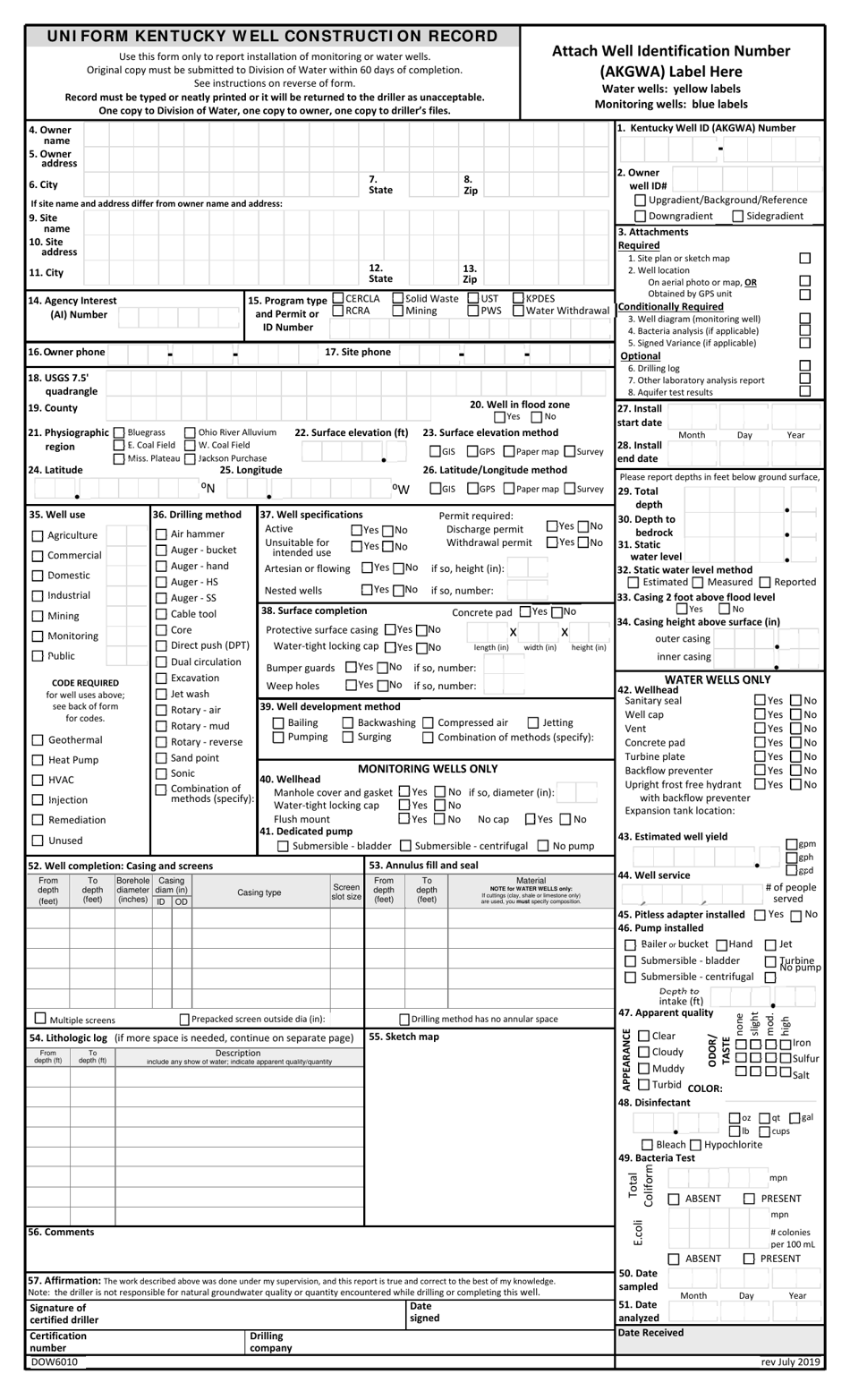 Form DOW6010 Uniform Kentucky Well Construction Record - Kentucky, Page 1