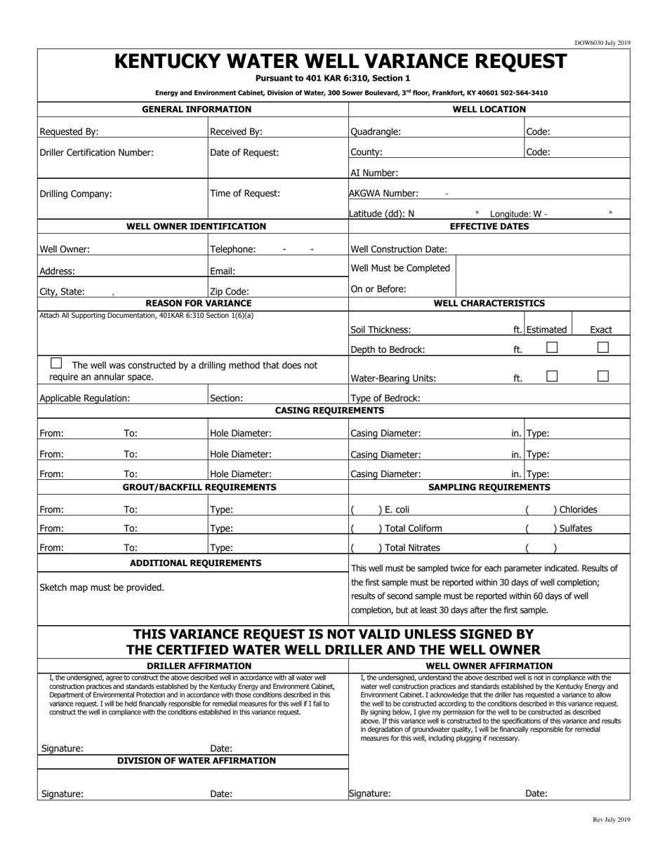 Form DOW6030 Kentucky Water Well Variance Request - Kentucky, Page 1