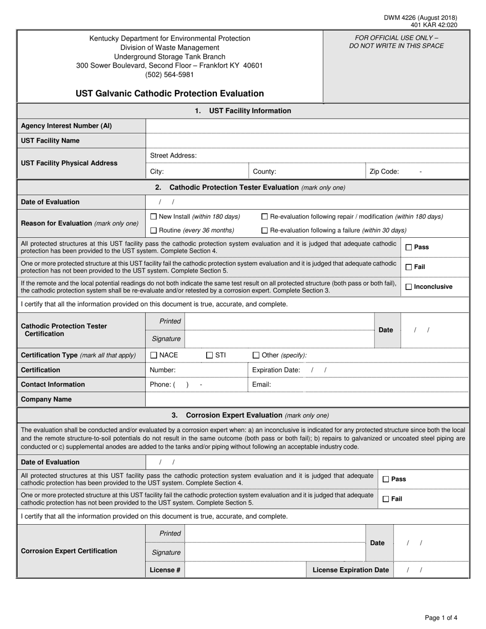 Form DWM4226 Ust Galvanic Cathodic Protection Evaluation - Kentucky, Page 1