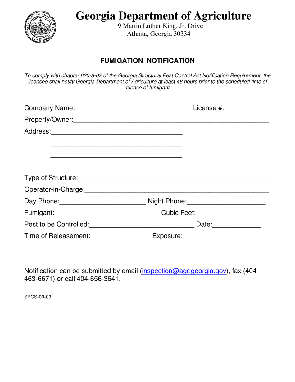 Form SPCS-09-03 Fumigation Notification - Georgia (United States), Page 1