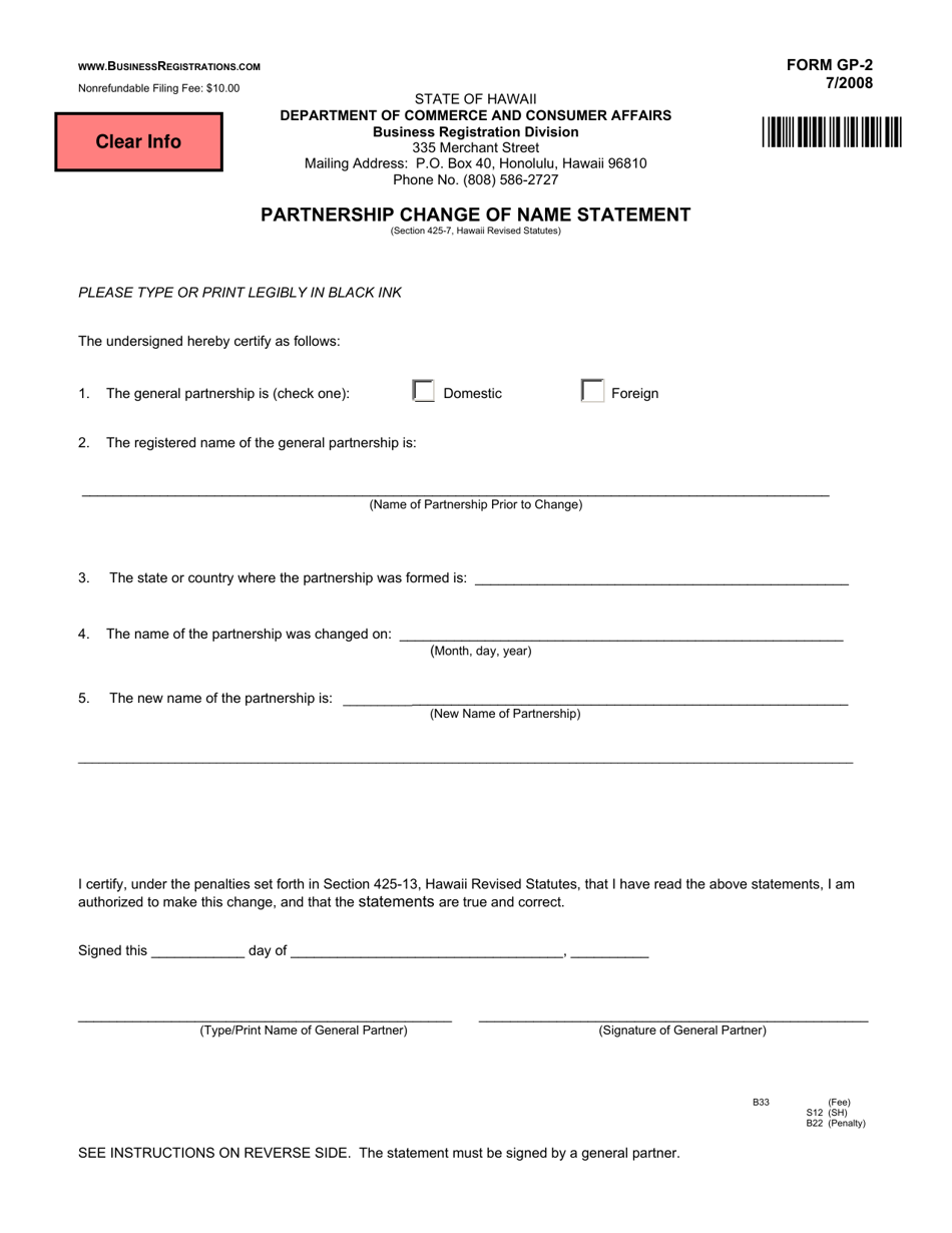 Form GP-2 Partnership Change of Name Statement - Hawaii, Page 1