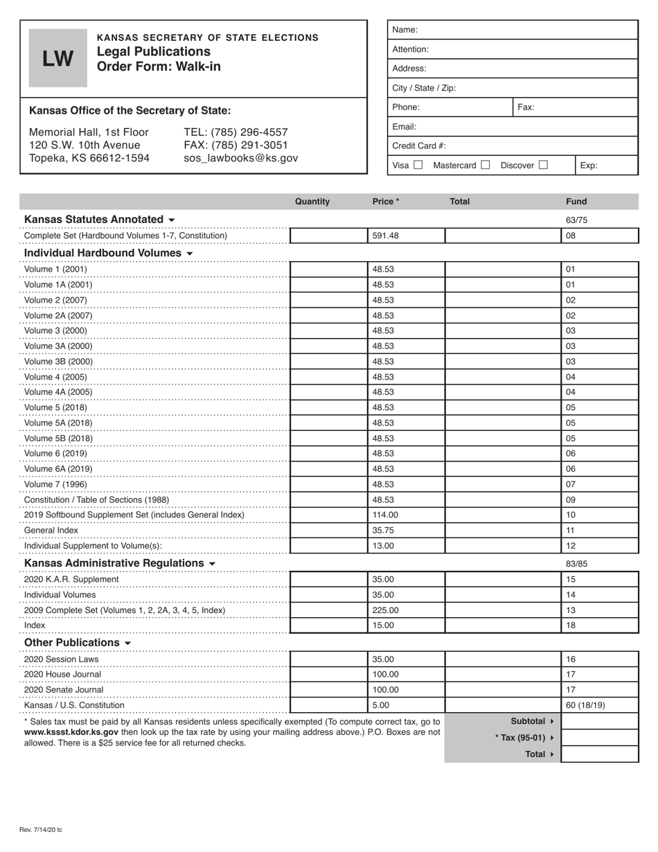 Form LW Legal Publications Order Form: Walk-In - Kansas, Page 1