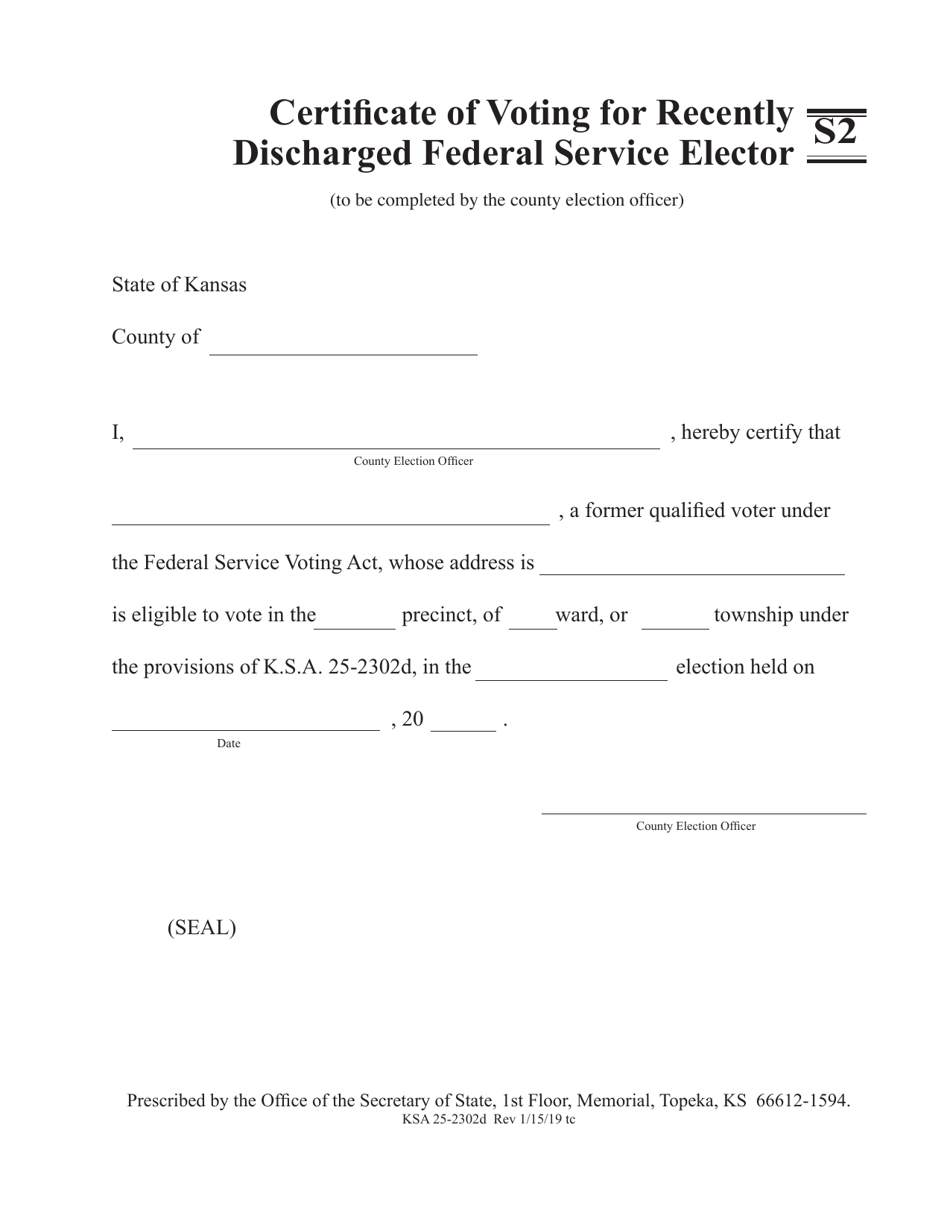 Form S2 Certificate of Voting of Recently Discharged Federal Service Elector - Kansas, Page 1