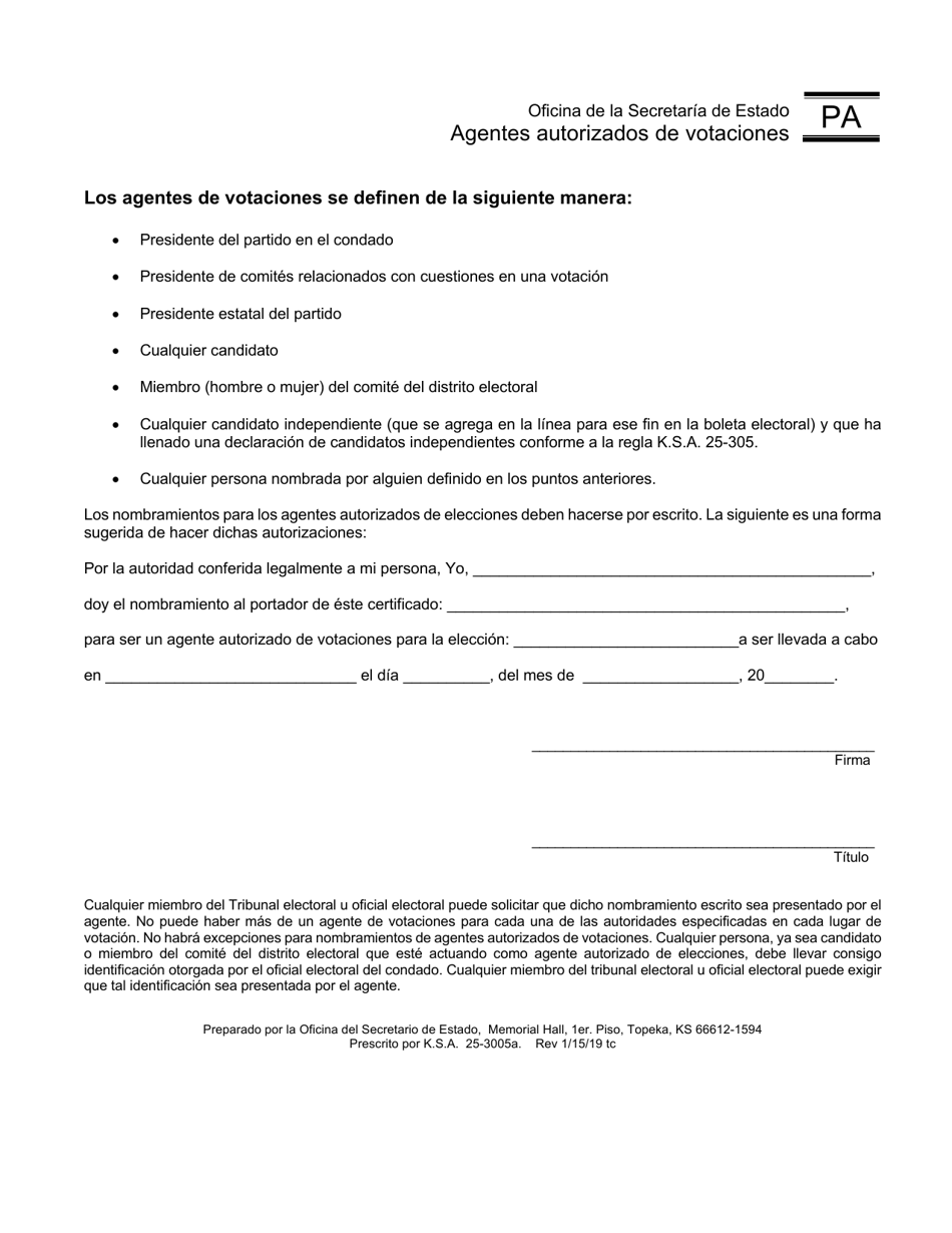 Formulario PA Agentes Autorizados De Votaciones - Kansas (Spanish), Page 1