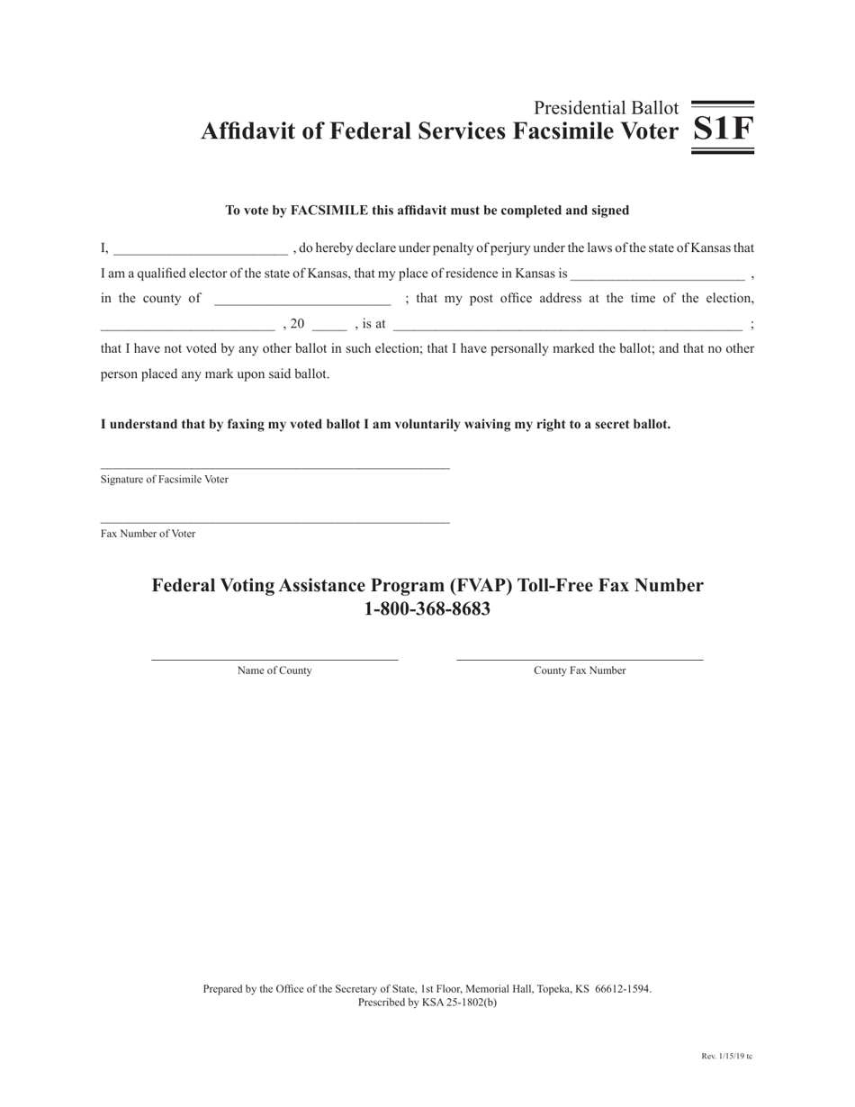 Form S1F Affidavit of Federal Services Facsimile Voter - Kansas, Page 1