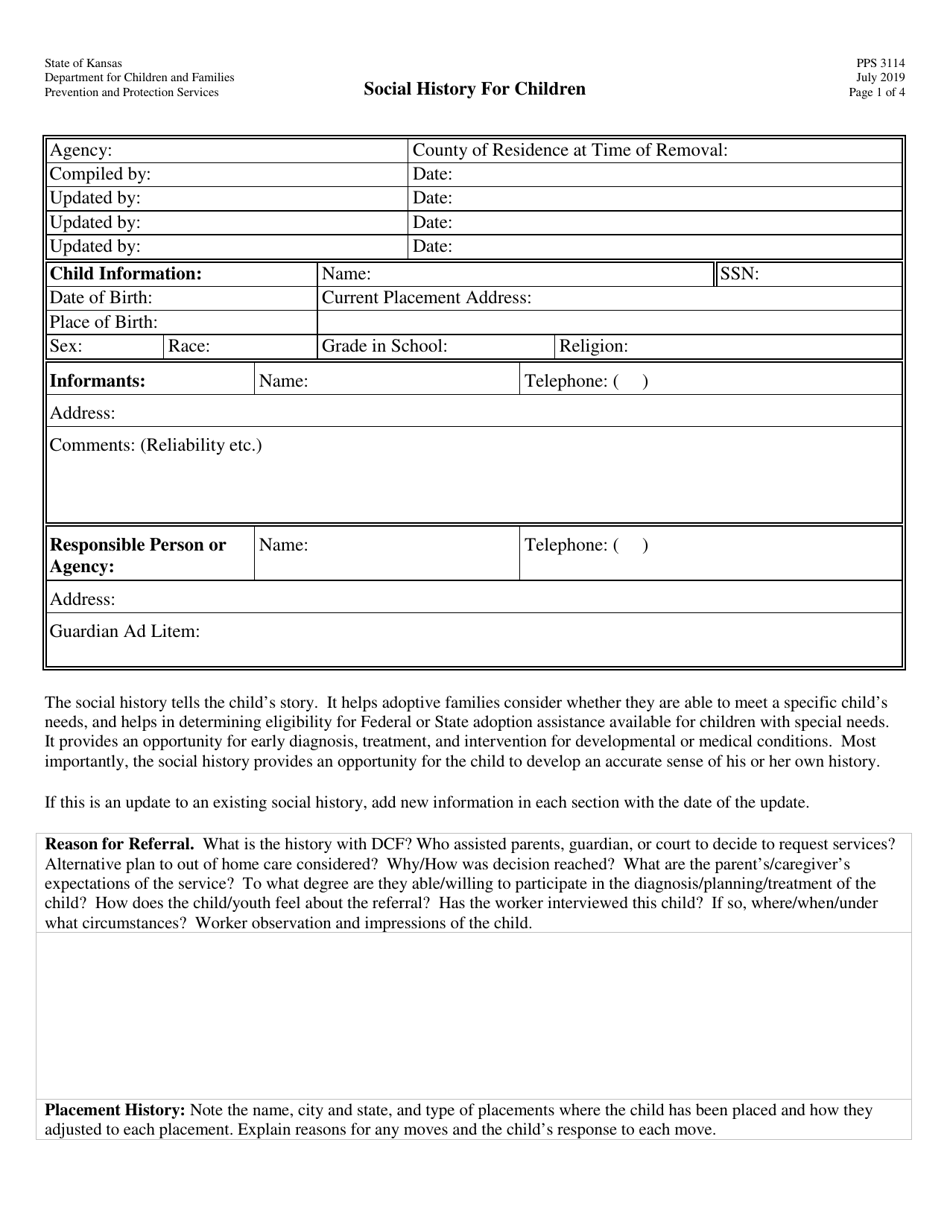 Form PPS3114 Social History for Children - Kansas, Page 1