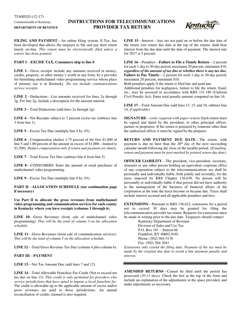 Instructions for Form 75A002 Telecommunications Provider Tax Return - Kentucky, Page 1