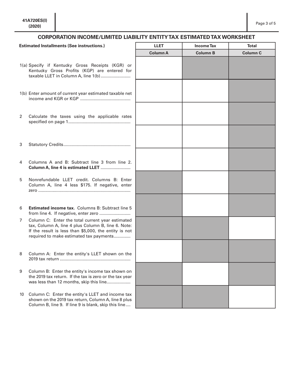 Instructions for Form 720ES, 41A720ES Corporation Income / Limited Liability Entity Tax Estimated Tax Voucher - Kentucky, Page 3