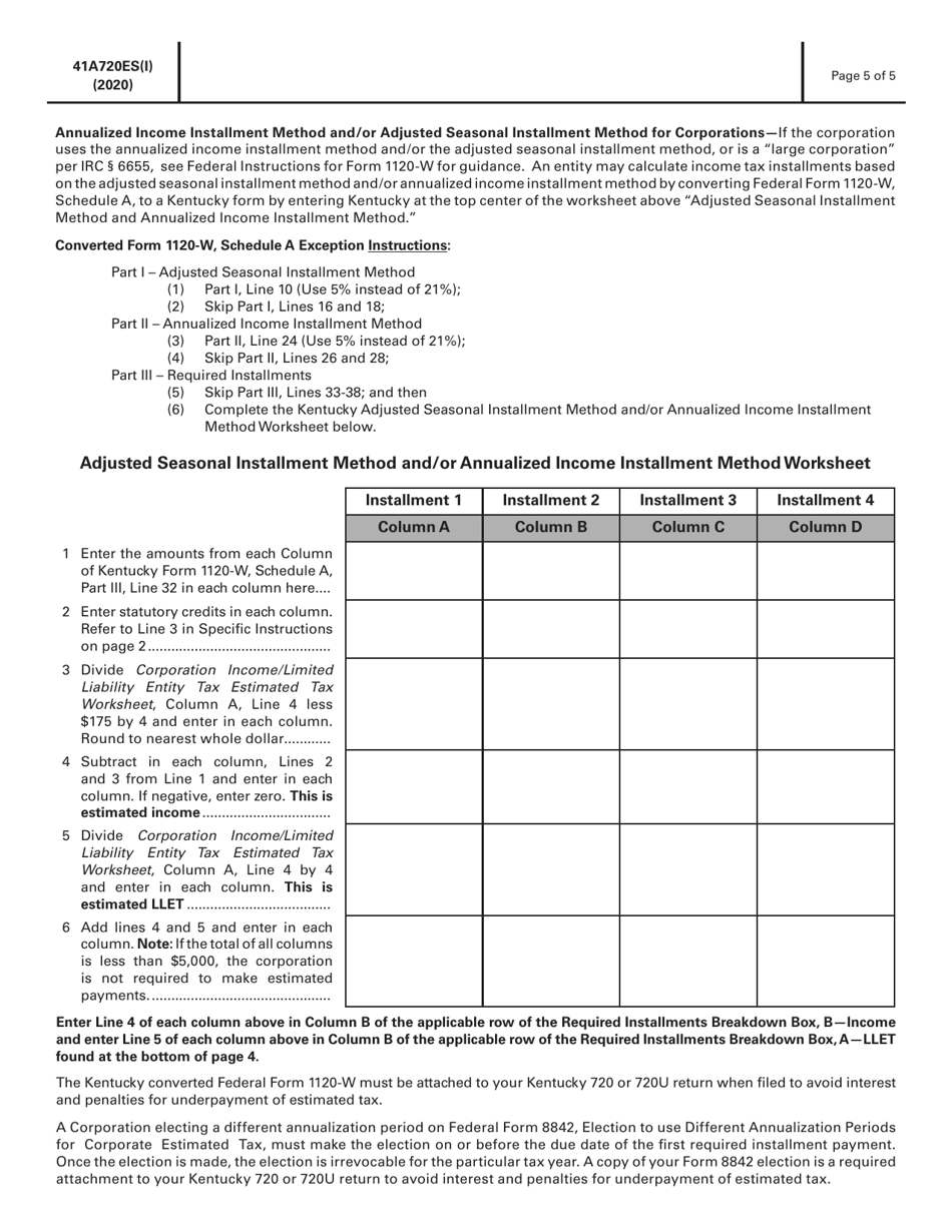 Instructions for Form 720ES, 41A720ES Corporation Income / Limited Liability Entity Tax Estimated Tax Voucher - Kentucky, Page 5