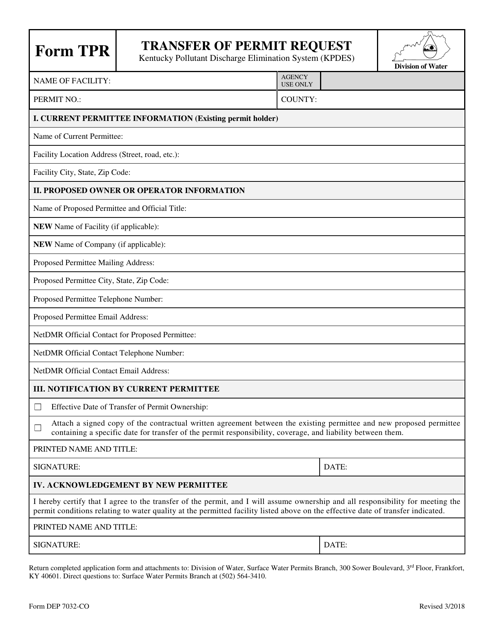 Form TPR (DEP7032-CO) Transfer of Permit Request - Kentucky