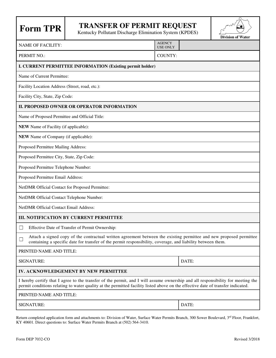 Form TPR (DEP7032-CO) Transfer of Permit Request - Kentucky, Page 1