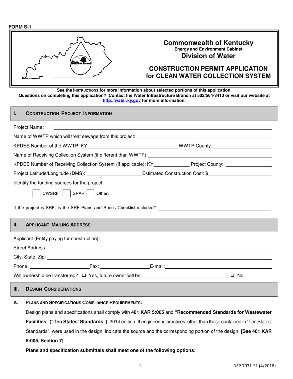 Form S-1 (DEP7071-S1) Construction Permit Application for Clean Water Collection System - Kentucky, Page 1