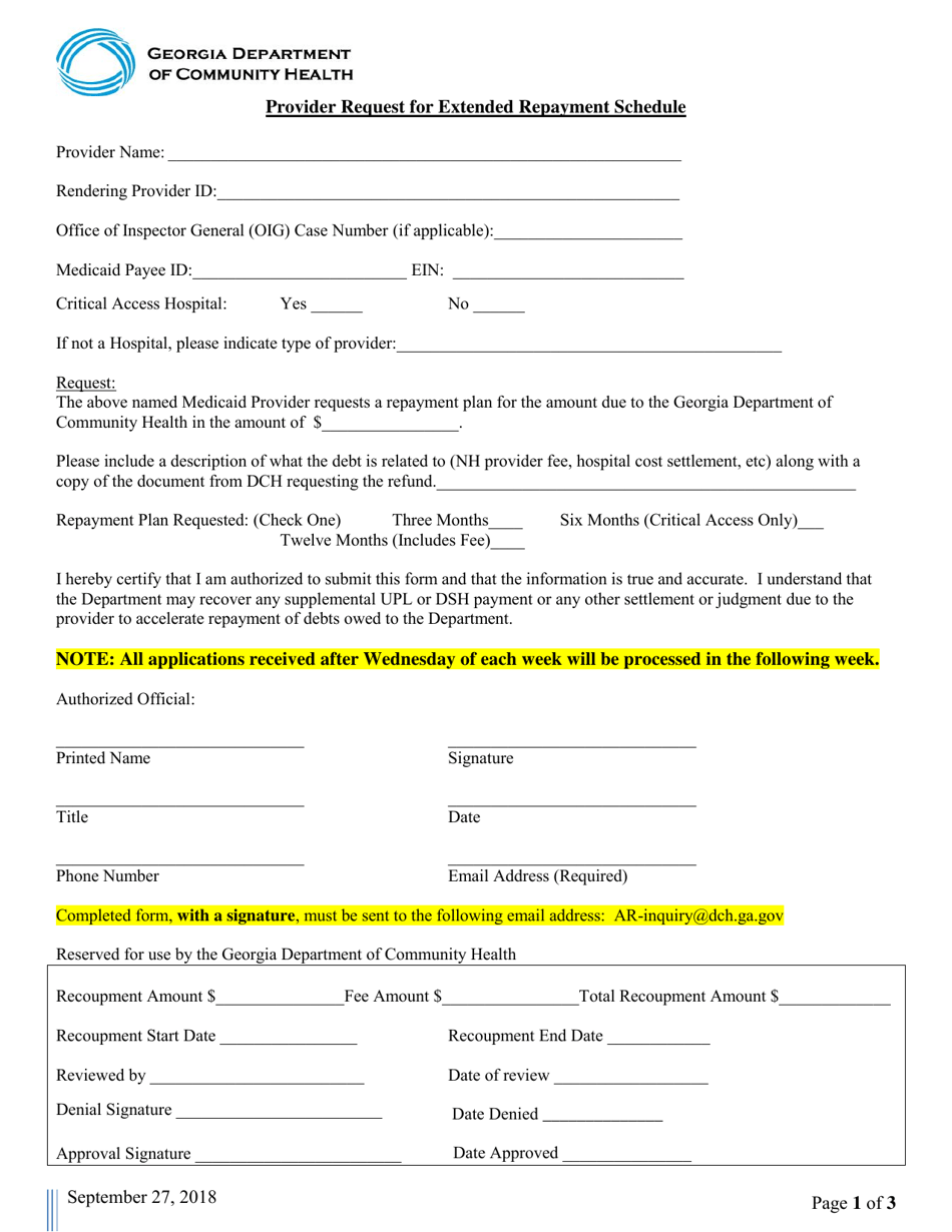 Provider Request for Extended Repayment Schedule - Georgia (United States), Page 1