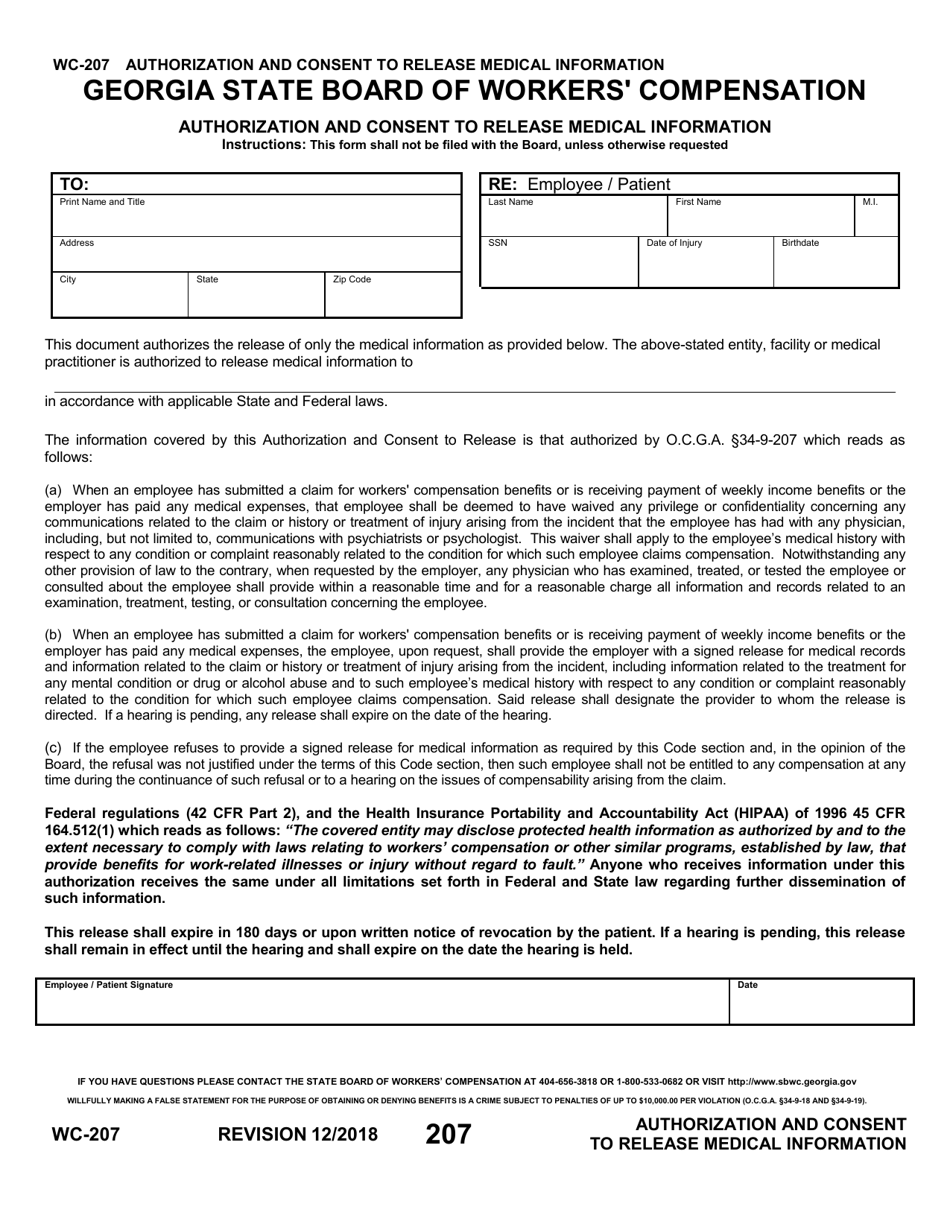 Form WC-207 Authorization and Consent to Release Medical Information - Georgia (United States), Page 1