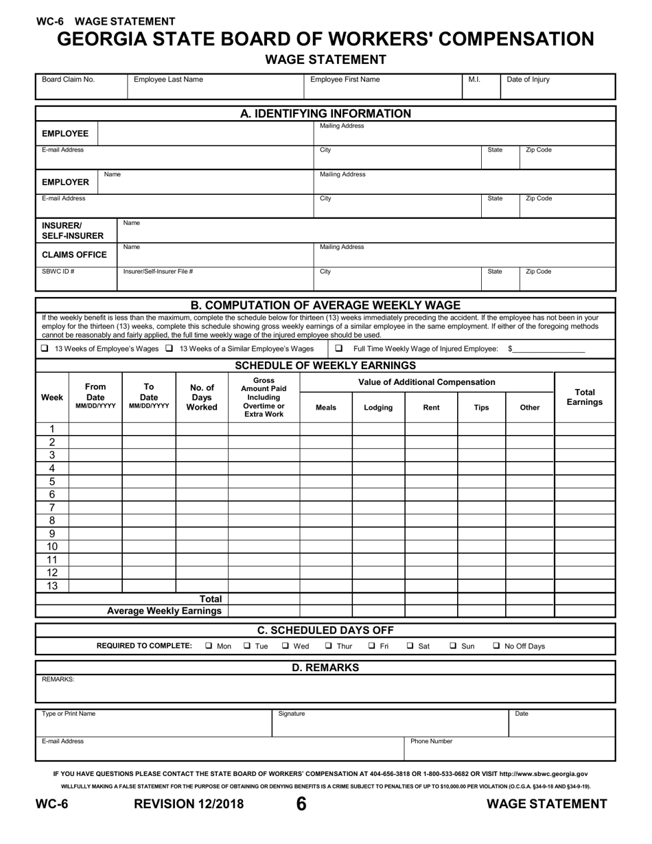 Form WC-6 Wage Statement - Georgia (United States), Page 1