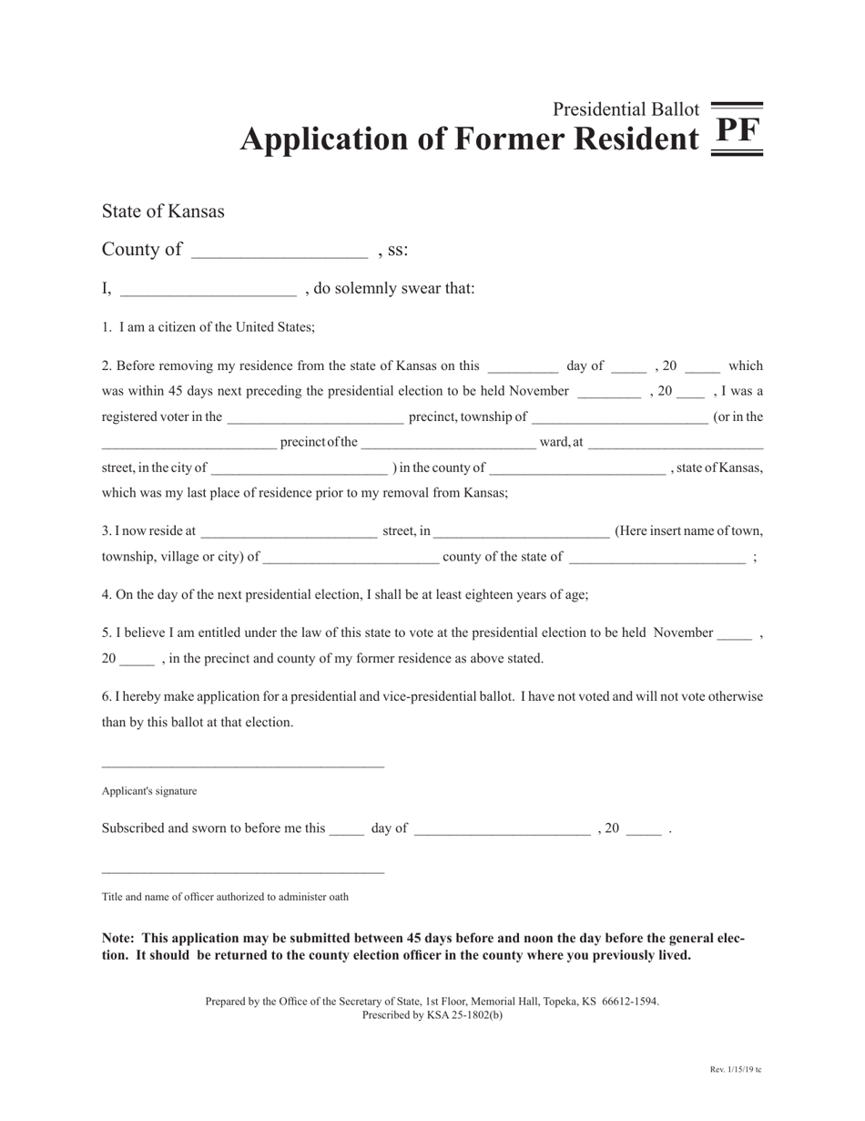 Form PF Application of Former Resident Presidential Ballot - Kansas, Page 1