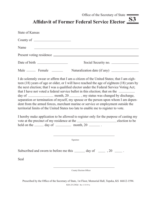 Form S3 Affidavit of Former Federal Service Elector - Kansas