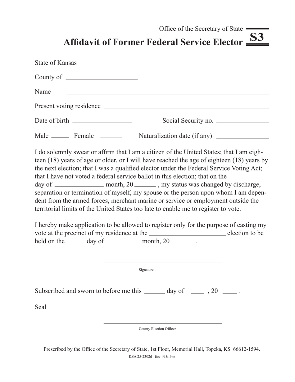 Form S3 Affidavit of Former Federal Service Elector - Kansas, Page 1