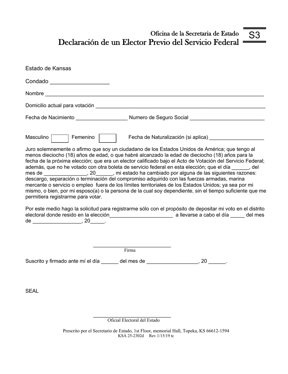 Formulario S3 Declaracion De Un Elector Previo Del Servicio Federal - Kansas (Spanish), Page 1
