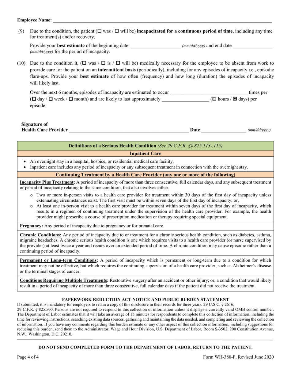 Form WH 380 F Download Fillable PDF Or Fill Online Certification Of Health Care Provider For