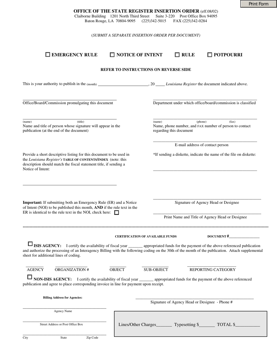 Office of the State Register Insertion Order - Louisiana, Page 1