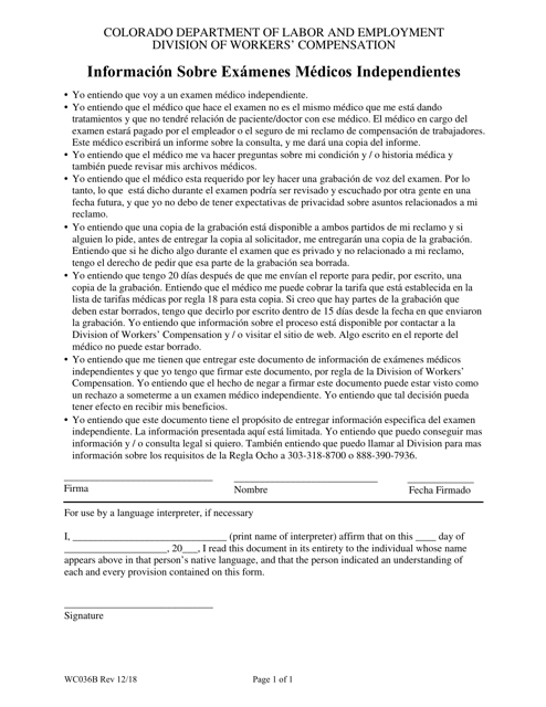 Formulario WC036B Informacion Sobre Examenes Medicos Independientes - Colorado (Spanish)
