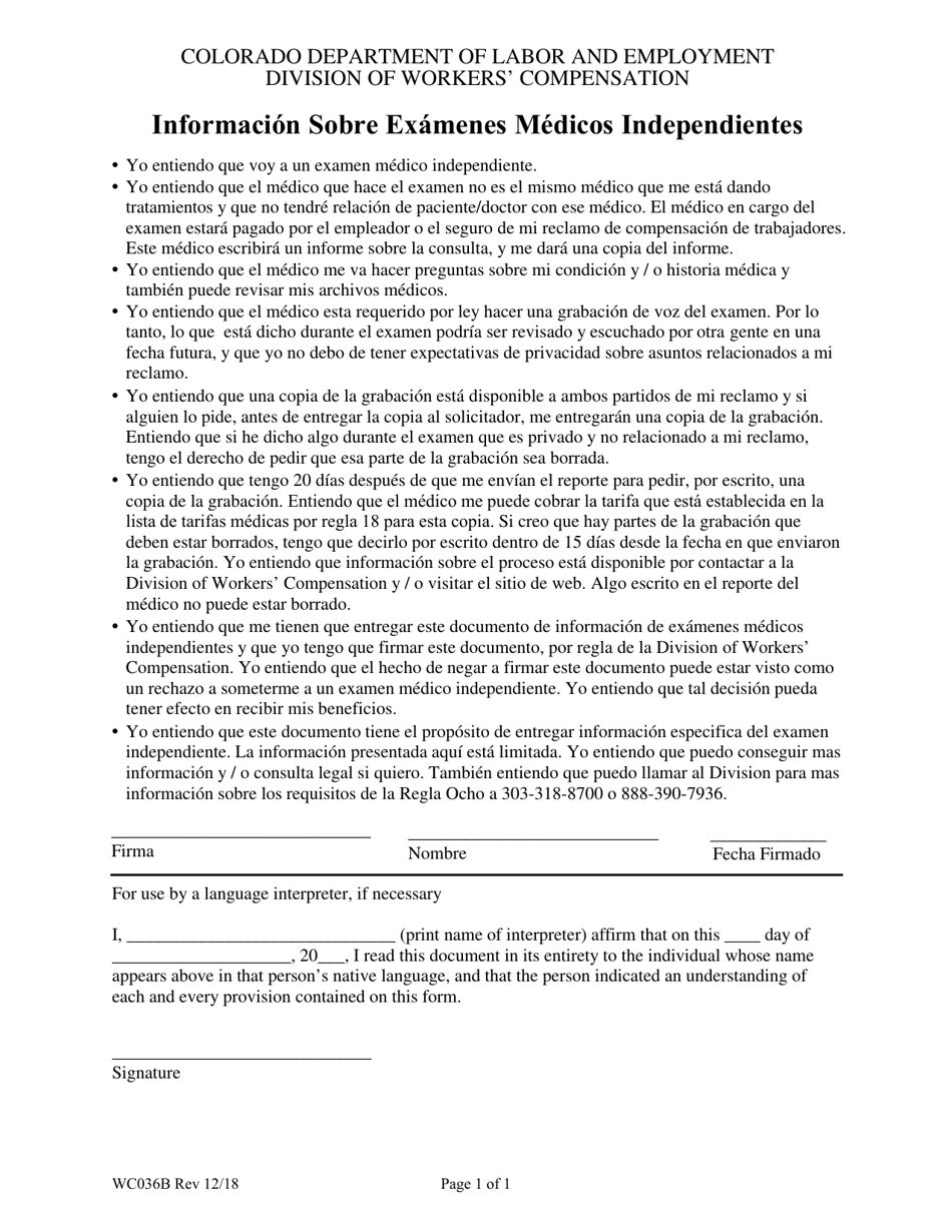 Formulario WC036B Informacion Sobre Examenes Medicos Independientes - Colorado (Spanish), Page 1