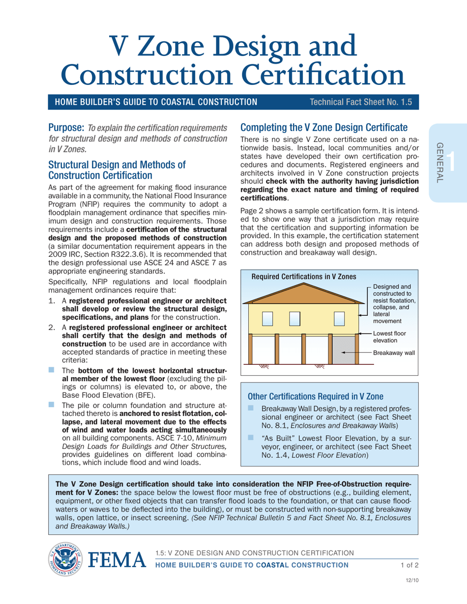 V Zone Design Certificate, Page 1