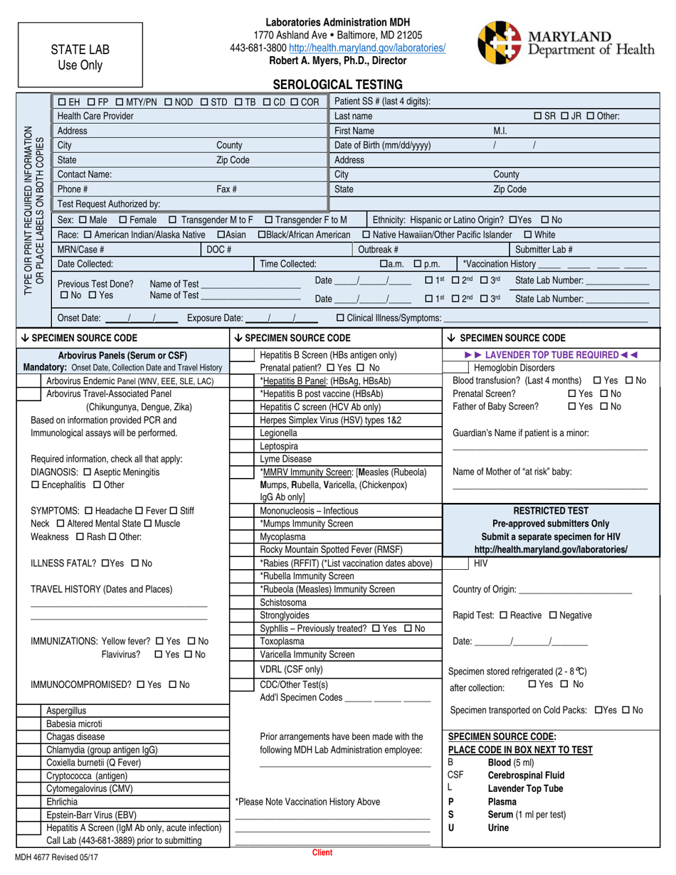 Form MDH4677 Serological Testing - Maryland, Page 1