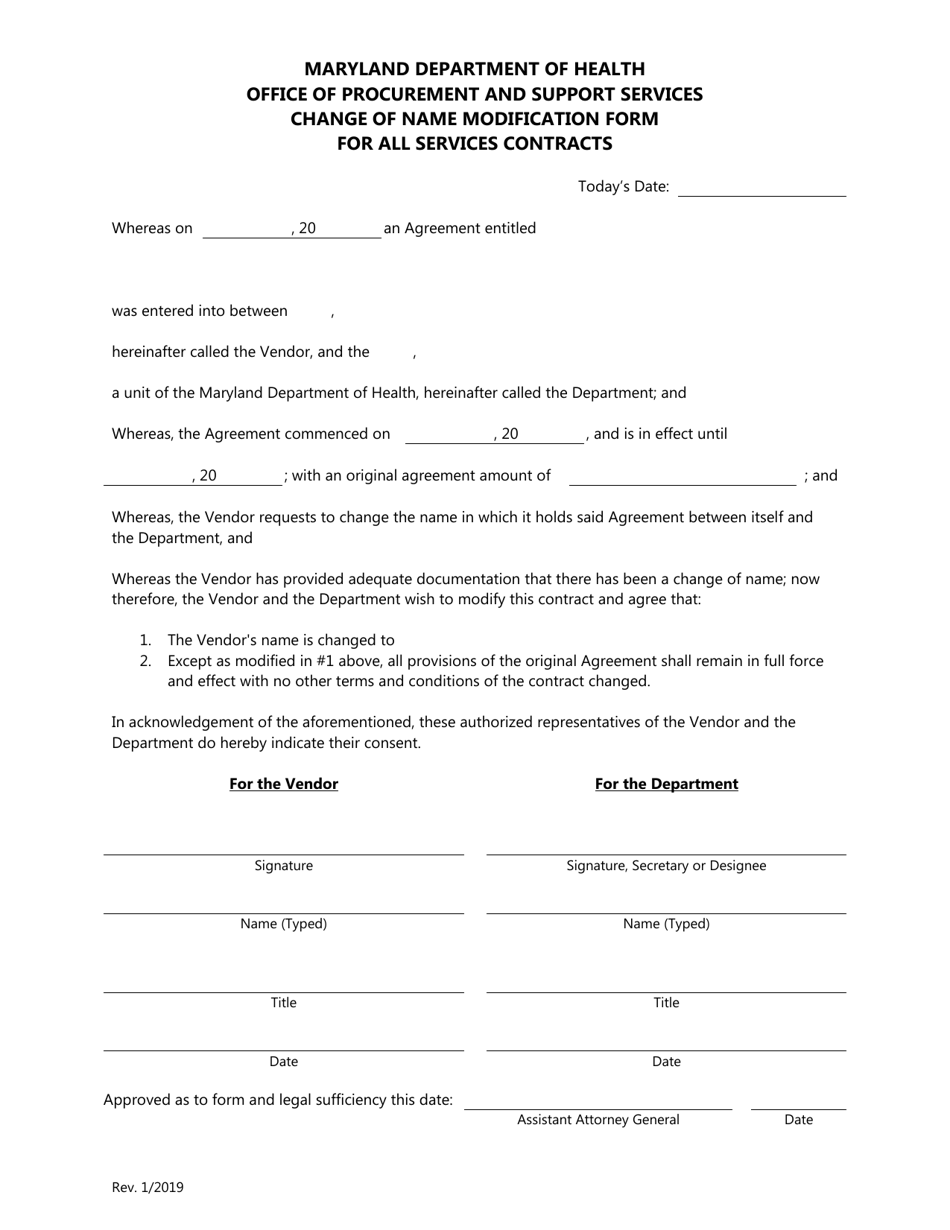Change of Name Modification Form for All Services Contracts - Maryland, Page 1