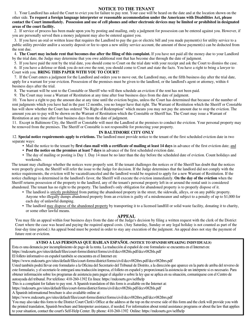 Form DC-CV-082 Failure to Pay Rent - Landlords Complaint for Repossession of Rented Property - Maryland, Page 4