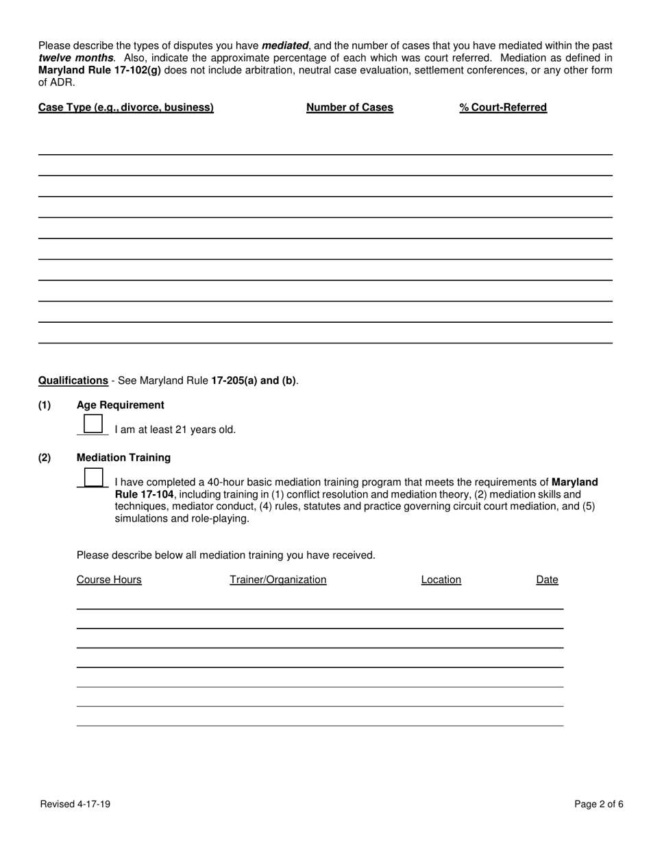 Application to Be Listed for Designation as a Business and Technology Mediator Pursuant to Maryland Rule 17-207(B) - Maryland, Page 2