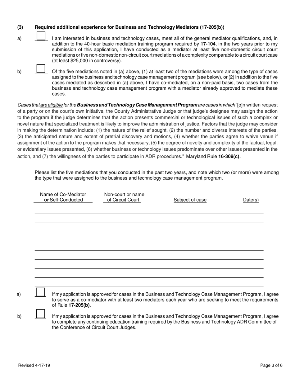 Application to Be Listed for Designation as a Business and Technology Mediator Pursuant to Maryland Rule 17-207(B) - Maryland, Page 3
