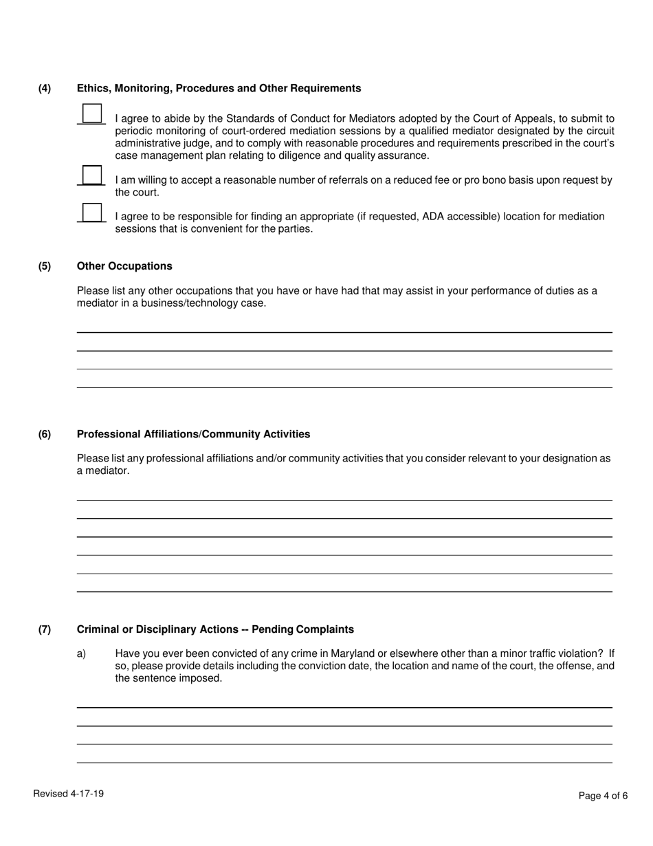 Application to Be Listed for Designation as a Business and Technology Mediator Pursuant to Maryland Rule 17-207(B) - Maryland, Page 4