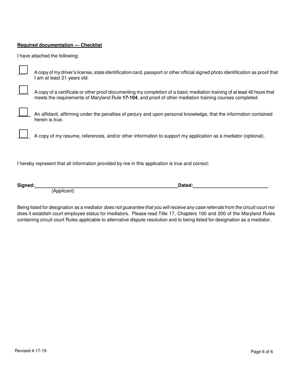 Application to Be Listed for Designation as a Business and Technology Mediator Pursuant to Maryland Rule 17-207(B) - Maryland, Page 6