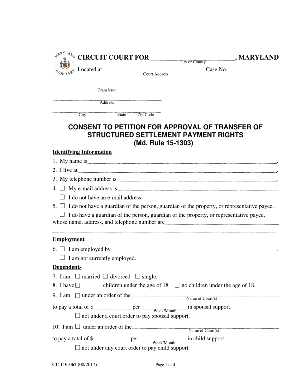 Form CC-CV-067 Consent to Petition for Approval of Transfer of Structured Settlement Payment Rights (Md. Rule 15-1303) - Maryland, Page 1