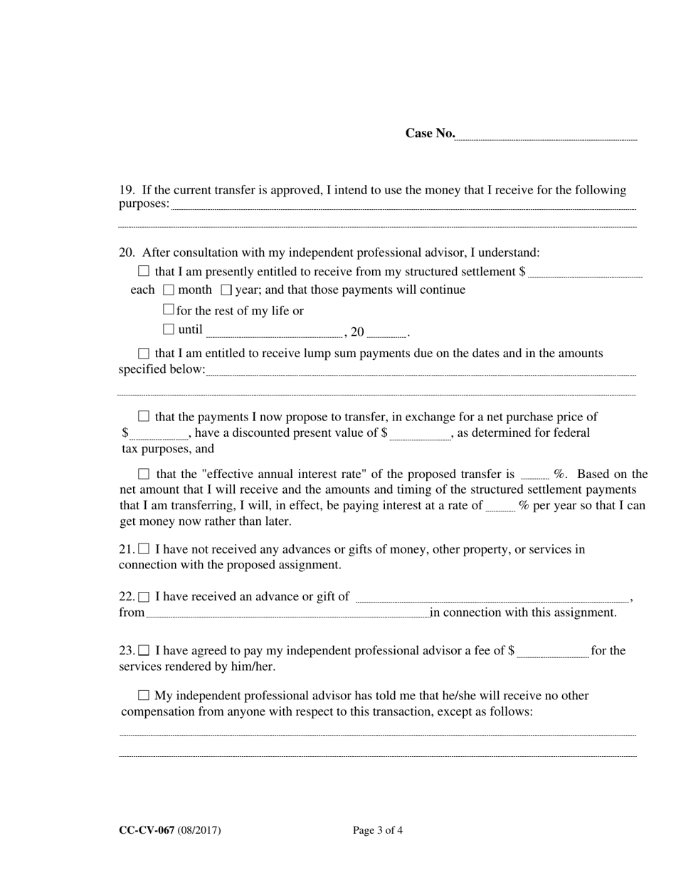 Form CC-CV-067 Consent to Petition for Approval of Transfer of Structured Settlement Payment Rights (Md. Rule 15-1303) - Maryland, Page 3