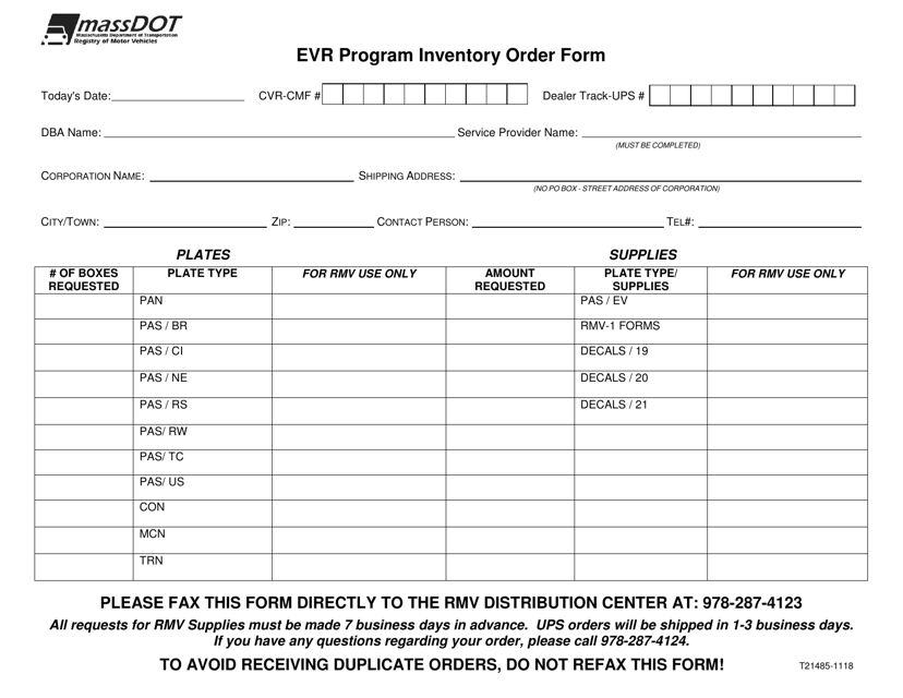 Document preview: Form T21485 Evr Program Inventory Order Form - Massachusetts