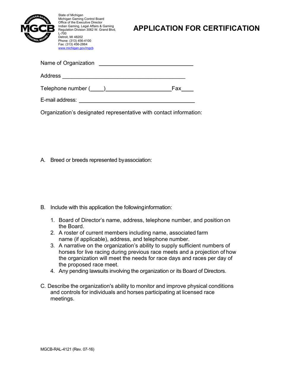 Form MGCB-RAL-4121 Horsemens Association Application for Certification - Michigan, Page 1