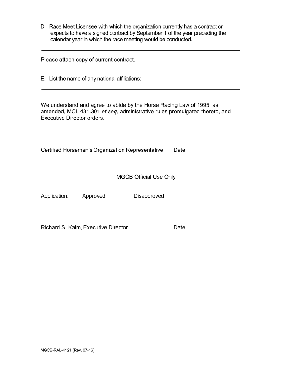 Form MGCB-RAL-4121 Horsemens Association Application for Certification - Michigan, Page 2