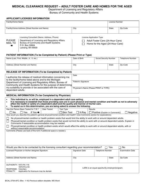 Form BCAL-3704-AFC Medical Clearance Request " Adult Foster Care and Homes for the Aged - Michigan